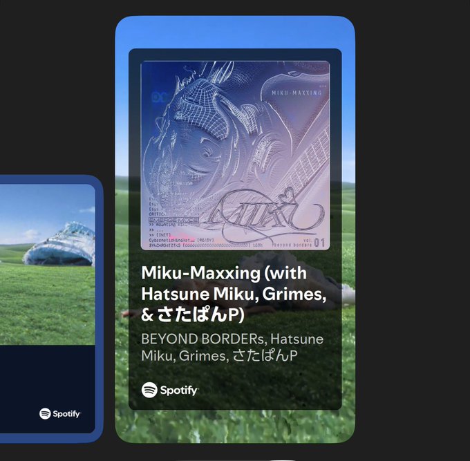 A Spotify interface displays the track "Miku-Maxxing" featuring Hatsune Miku, Grimes, and さたばP from the album "BEYOND BORDERs," relating to the post's excitement about Grimes collaborating with the virtual vocalist on one track.