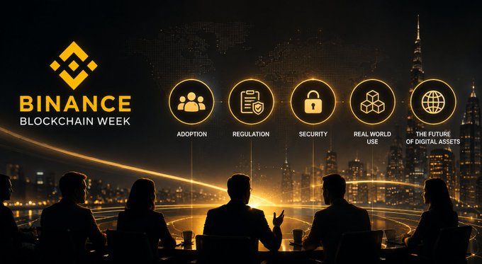 Promotional banner for 'BINANCE BLOCKCHAIN WEEK' featuring silhouettes of people against a Dubai skyline, highlighting themes: ADOPTION, REGULATION, SECURITY, REAL WORLD USE, and THE FUTURE OF DIGITAL ASSETS.