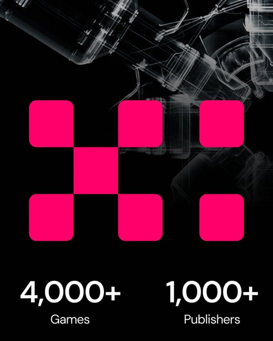 A promotional graphic with a black background featuring a magenta grid logo and translucent mechanical parts, advertising '4,000+ Games' and '1,000+ Publishers'.