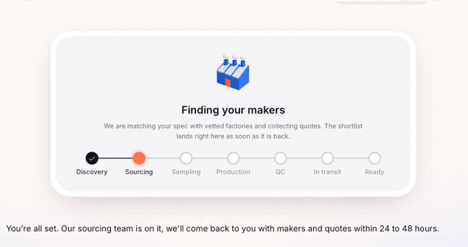 A loading screen from a sourcing platform titled 'Finding your makers,' showing a progress indicator on the 'Sourcing' step, with text indicating the sourcing team will return with maker quotes within 24 to 48 hours.