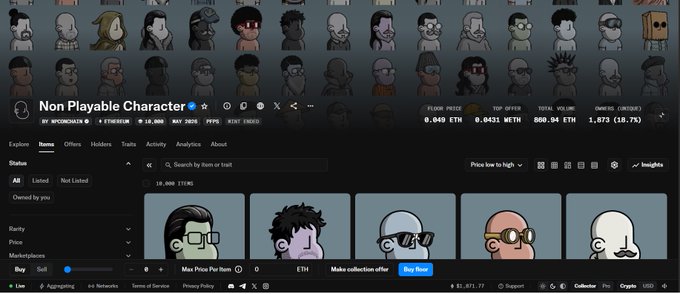 A screenshot of the "Non Playable Character" NFT collection on OpenSea shows a 3D buyer at 10,000 ETH/items with stats: floor price 0.049 ETH, top offer 0.0431 ETH, 16.98% listed, total volume 866.94 ETH, and market cap 1.873 (10.7%). The displayed character cards—featuring pixel-art avatars with glasses, masks, and unique hairstyles—visually support the post's theme of a genesis NFT collection built around characters and culture rather than just visuals.
