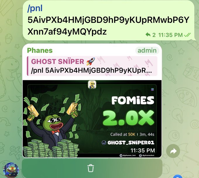 A screenshot of a Telegram message from 'Phanes' (admin) showing a meme titled 'GHOST SNIPER' featuring a Pepe frog with money and the text 'FOMIES 2.0X', along with a cryptic message starting with '/pnl'.