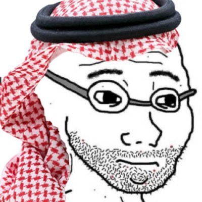 A stylized black-and-white cartoon illustration of a bearded man wearing a red and white checkered keffiyeh (traditional Arab headdress) and round glasses.