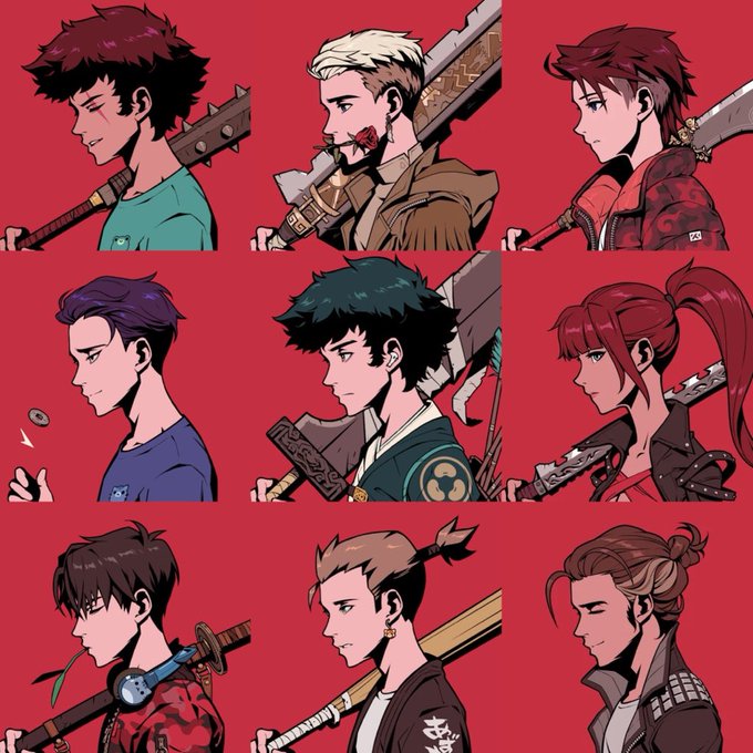 Anime-style character illustrations in a 3x3 grid showing nine distinct characters in profile view, each wielding weapons on a red background.