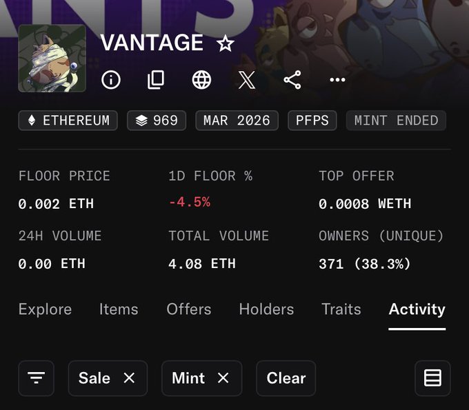The image displays an NFT collection page for "VANTAGE" on Ethereum, showing a floor price of 0.002 ETH, 969 total items, 371 unique owners (38.3%), and a "MINT ENDED" status, with the Activity tab selected and filters for Sale and Mint events. The screenshot likely accompanies the post as evidence of the collection's mint history and current floor price, suggesting the user has an item from this collection to share or discuss.