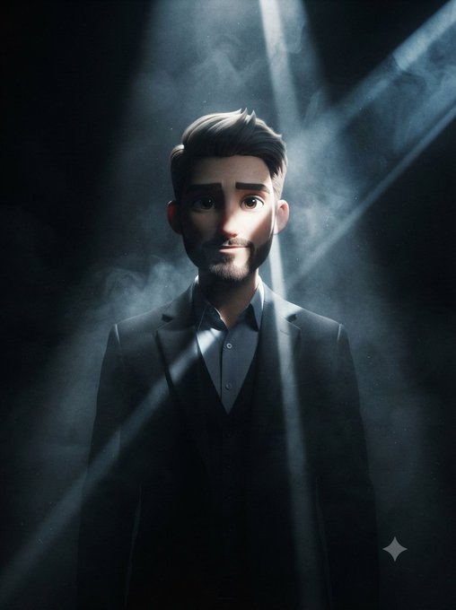 A 3D-rendered portrait of a bearded man in a dark suit illuminated by dramatic light rays streaming through smoke in a dark background.