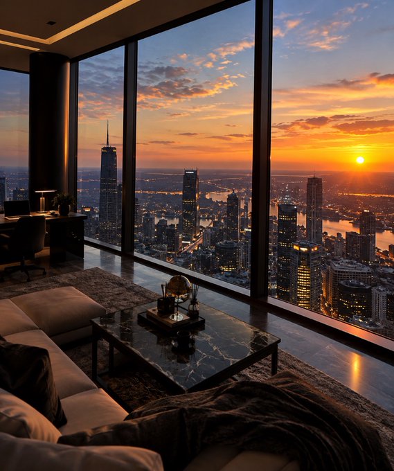 A luxurious high-rise apartment interior with floor-to-ceiling windows overlooking a city skyline at sunset.