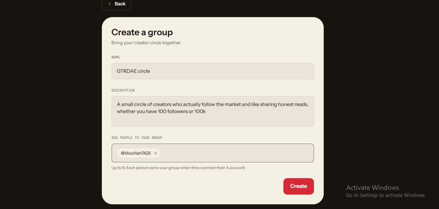 A "Create a group" interface displays the formation of "GTRDAE circle" with the description noting it's for "A small circle of creators who actually follow the market," alongside the addition of @MooNahi7425 as a member, visually supporting the user's post about opening this trading-focused creator group on Poise Finance.