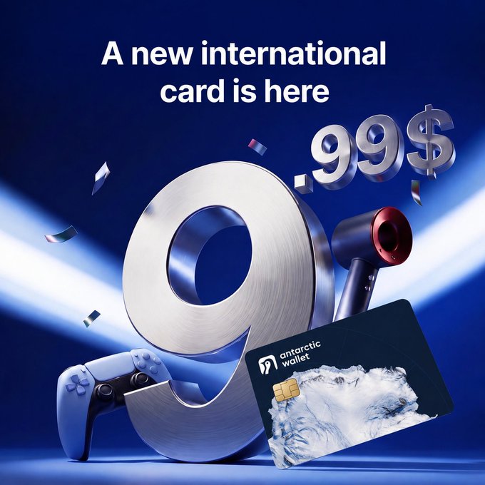 An advertisement for 'antarctic wallet' announces 'A new international card is here' for 99$, showing a metallic '9', a PlayStation controller, a hair dryer, and the card.