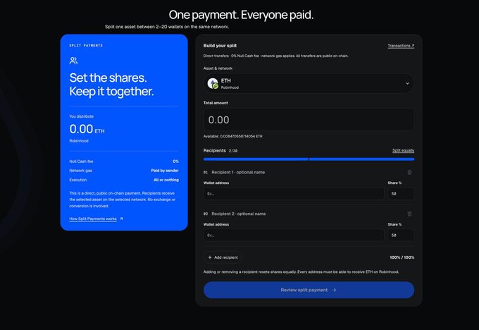 A dark-themed web interface for splitting a payment on Robinhood, showing options to split an ETH asset between 2-20 wallets with fields for recipients and percentage splits.