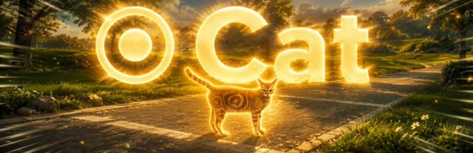 A glowing orange tabby cat with the Solana (◎) symbol on its side stands on a stone path in a sunlit park, surrounded by large illuminated "Cat" and "◎" text. The image visually reinforces the post's claim of a viral cat featuring Solana's signature emblem.