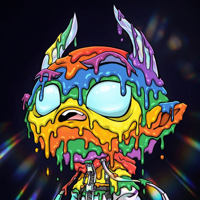 A vibrant cartoon character with rainbow-colored dripping paint covering its face and body, featuring two horn-like protrusions on its head, set against a dark background with prismatic light effects—perfectly capturing the playful, colorful "gm" (good morning) vibe of the crypto community.