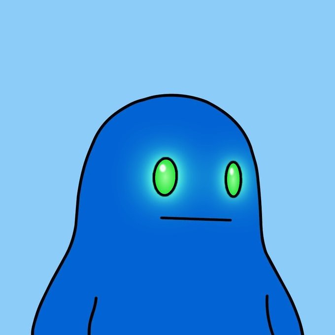 A cartoon illustration of a blue blob-like creature with glowing green eyes and a straight line mouth, set against a light blue background.