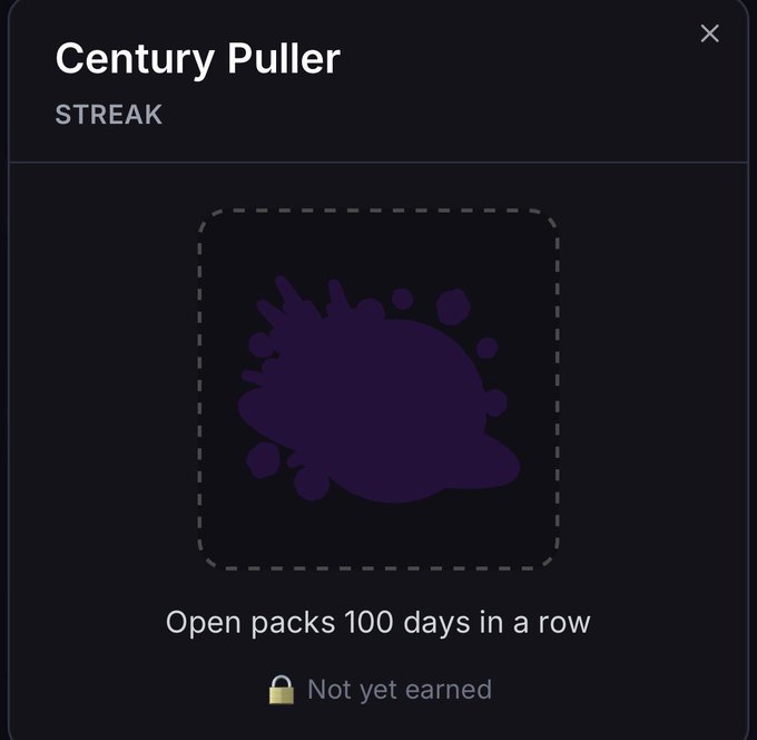 A dark user interface panel titled 'Century Puller' under the 'STREAK' category, showing a locked achievement for 'Open packs 100 days in a row'.
