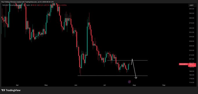 A TradingView chart of TAO/USD on the daily timeframe shows price consolidating around the $205 level after a strong decline from highs near $290 in May, with a hand-drawn arrow indicating a planned short setup. The post's "tap up then dump" thesis aligns with the visible range-bound action near support, anticipating a rejection from $205 before further downside.