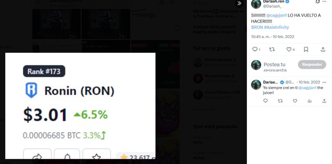 A screenshot showing cryptocurrency token 'Ronin (RON)' ranked #173 at $3.01 with a 6.5% increase, alongside a Twitter post from @dariash_ron.