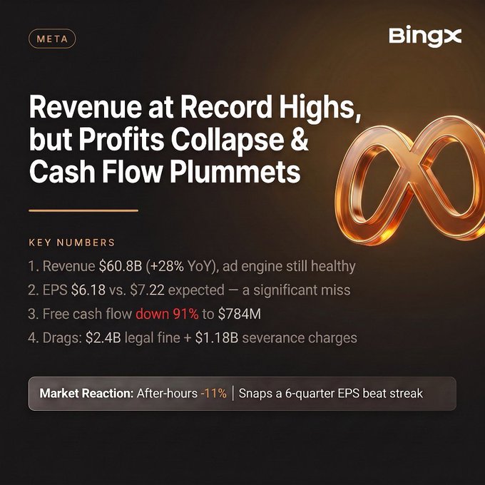 A financial infographic from Bingx titled 'META: Revenue at Record Highs, but Profits Collapse & Cash Flow Plummets', listing key numbers like revenue of $60.8B and a 91% drop in free cash flow.