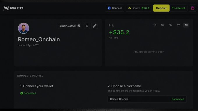 A screenshot of a PRED platform profile for 'Romeo_Onchain' showing a wallet address, PnL of +$35.2, and a 'Complete Profile' section with a connected wallet and nickname.