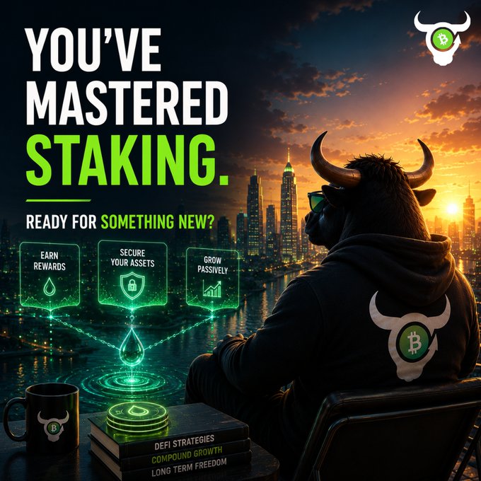 A promotional graphic featuring a hooded bull figure overlooking a city skyline at sunset, with text 'YOU'VE MASTERED STAKING. READY FOR SOMETHING NEW?' and icons for 'EARN REWARDS', 'SECURE YOUR ASSETS', and 'GROW PASSIVELY'.