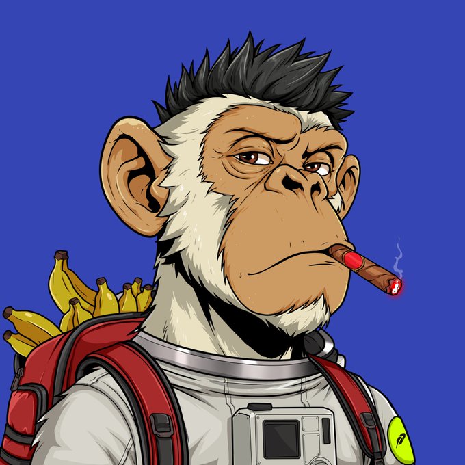 Cartoon-style illustration of a monkey with a mohawk smoking a cigar, wearing a spacesuit and red backpack filled with bananas, set against a blue background.