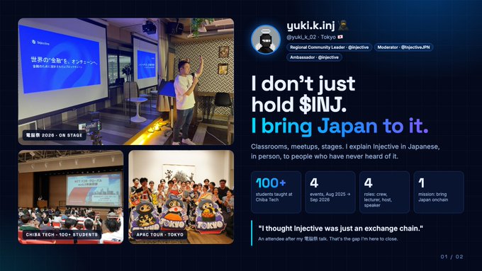 A profile presentation slide for 'yuki.k.i_nj' (@yuki.k_02) titled 'I don't just hold $INJ. I bring Japan to it,' detailing 100+ students taught, 4 meetups, 4 roles, and 1 mission, alongside photos of speaking engagements.