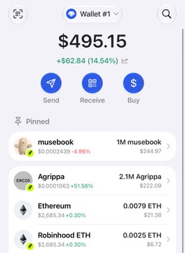 A crypto wallet screenshot showing Wallet #1 with a total balance of $495.15, including a pinned musebook token ($444.97) that has surged 51.56% in value, visually supporting the post's claim about a significant return on a $50 investment.