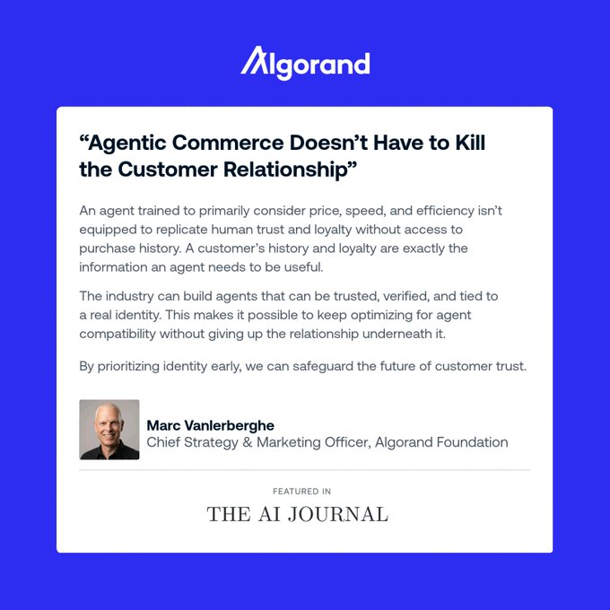 An Algorand promotional graphic featuring a quote by Marc Vanlerberghe, Chief Strategy & Marketing Officer of the Algorand Foundation, titled 'Agentic Commerce Doesn't Have to Kill the Customer Relationship', featured in The AI Journal.