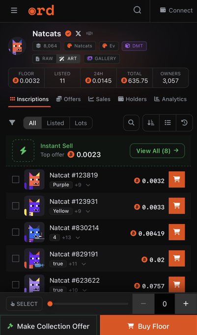 NFT marketplace screenshot of the 'Natcats' collection on ORD, showing 8,064 items, a floor price of 0.0032 ETH, 11 listed, and a list of individual Natcat inscriptions for sale with an orange 'Buy Floor' button at the bottom.