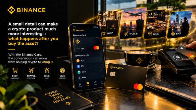 Binance advertisement promoting the 'Binance Card' and its usability for shopping, travel, dining, and live events, with the tagline 'A small detail can make a crypto product much more interesting: what happens after you buy the asset?'