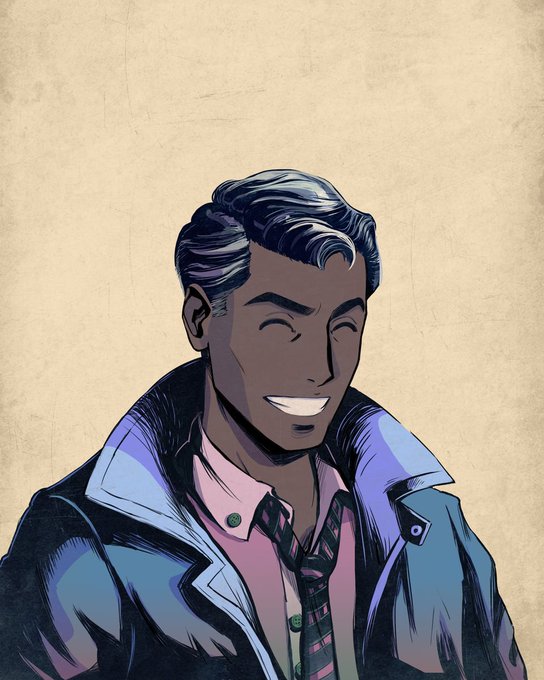 Comic-style illustration of a smiling dark-skinned man with wavy hair wearing a blue jacket, pink shirt, and striped tie, set against a beige textured background.