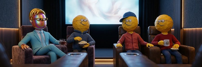 Four cartoon characters with orange faces sitting in leather armchairs in a dimly lit theater-style room.