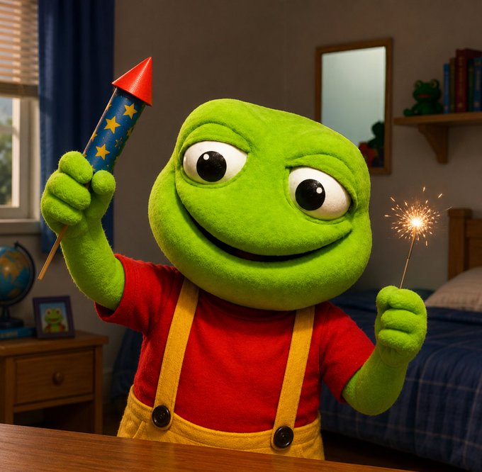 A green plush character in a red shirt and yellow overalls holds a blue firework rocket in one hand and a lit sparkler in the other, standing in a cozy bedroom.