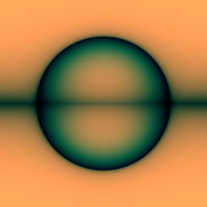An abstract gradient image featuring a blurred dark green sphere centered on a tan/beige background with a horizontal line dividing the composition.