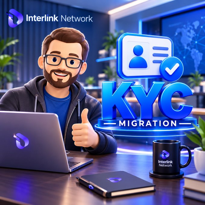 A 3D-style cartoon man with glasses and a beard gives a thumbs-up at a desk with a laptop, alongside a glowing blue "KYC MIGRATION" graphic, "Interlink Network" branding, and a branded mug—visually representing the announcement of an Interlink Network KYC issue and the solution being addressed.