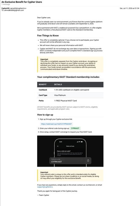 The image shows an email from Cypher (support@cypher.fi) titled "An Exclusive Benefit for Cypher Users," announcing the shutdown of its platform and offering users a complimentary KAST Standard membership, including a 1.5% USD cashback Visa card, through a referral link with code "CYPW4KAST." The email illustrates the post's criticism, as it visually confirms Cypher's pivot to funneling its user base into KAST via a referral code following the shutdown, despite users losing access to their accounts and any funds.