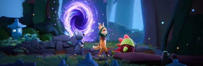 3D animated scene of a fox character and a koala standing before a glowing purple portal in a mystical forest setting.