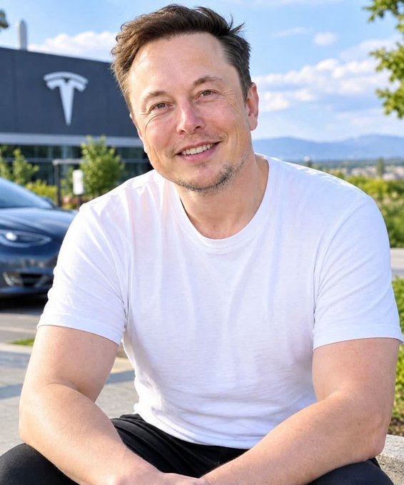 A smiling man in a white t-shirt sits outdoors with a Tesla logo visible on a building behind him.