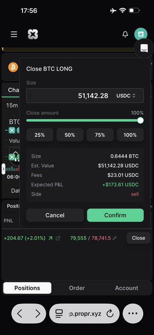 A mobile screenshot of the ProprXYZ trading platform showing a "Close BTC LONG" confirmation dialog for 0.6444 BTC ($5142.28 USDC), with visible fees of $23.01 USDC eating into the expected P&L of +$173.61 USDC—highlighting the high trading fees the user finds frustrating.