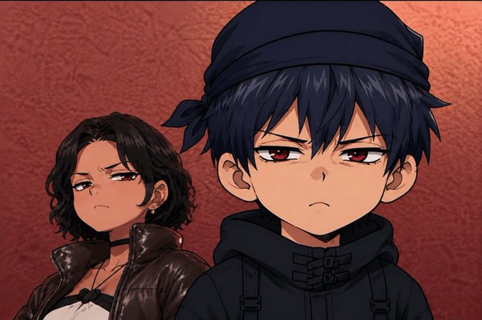 An anime-style illustration of two characters—a boy with dark hair and red eyes wearing a blue bandana and black hoodie, and a woman with brown hair in a black jacket.