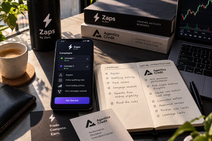 A workspace displays a phone showing the 'Zaps by Zeru' app with campaigns and rewards, alongside books titled 'TRADING ACTIVITY REWARDS' and 'Agentics Credit', and a notebook listing capital infrastructure rules.