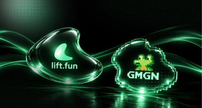 The image shows two glowing green 3D objects on a dark background: a smooth, glass-like blob displaying the "lift.fun" logo, and a pixelated block containing a frog character with the text "GMGN." The visual highlights the integration between lift.fun and GMGN, reinforcing the post's announcement that launches on lift.fun now flow directly into GMGN's fast trading platform.