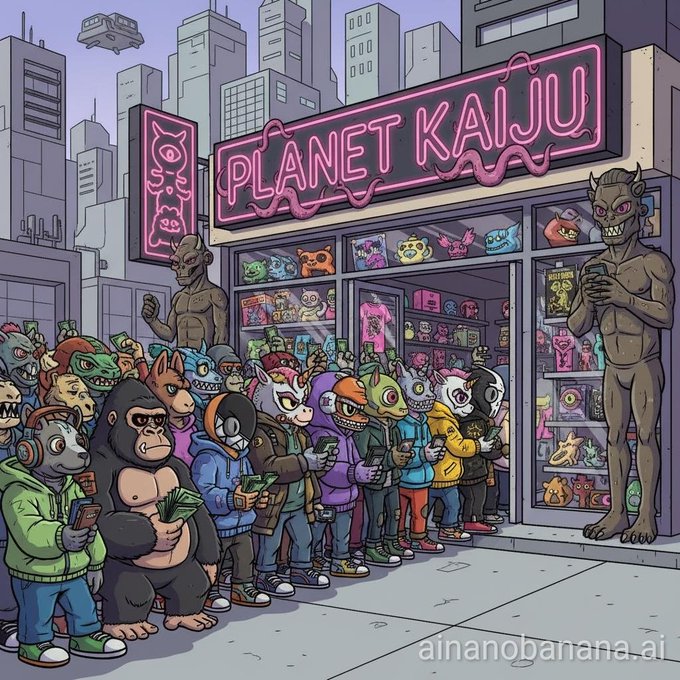 A cartoon illustration showing a line of various anthropomorphic characters holding money and phones, queuing outside a neon-lit shop called 'PLANET KAIJU' that sells monster-themed merchandise, with a large Godzilla-like figure standing at the entrance.