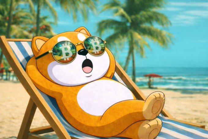 An illustration of an orange Shiba Inu dog relaxing on a beach chair, wearing sunglasses with the Bitcoin logo reflected in the lenses, set against a tropical beach backdrop.