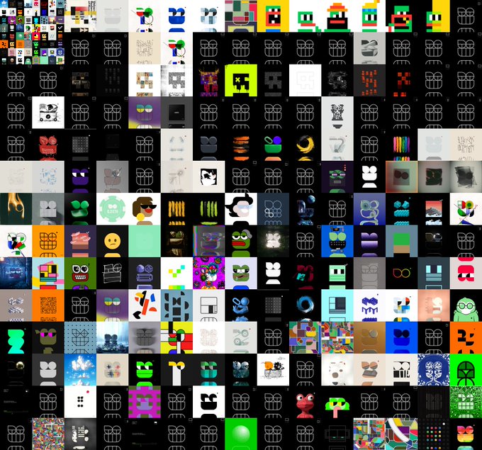 A grid mosaic composed of numerous small square thumbnails featuring various colorful character faces, abstract patterns, and pixel art designs, including several identical light-colored icon symbols repeated throughout.