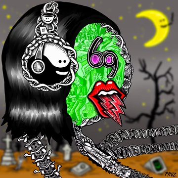 Digital artwork depicting a split-faced figure with black hair and green skin, set against a graveyard background with a crescent moon.
