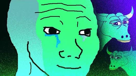 A stylized drawing shows a large crying face flanked by two horned bull heads, symbolizing fear and sadness around falling markets. It accompanies the post “81k bitcoin,” likely indicating Bitcoin at or near the $81,000 price level.
