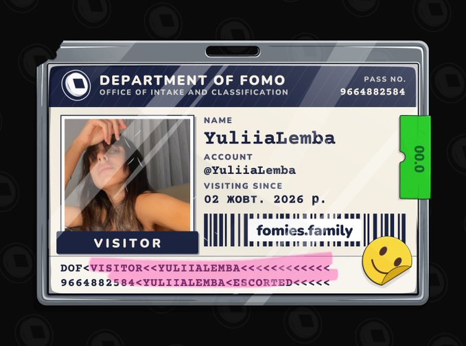 A digital ID card labeled 'DEPARTMENT OF FOMO, OFFICE OF INTAKE AND CLASSIFICATION' displays the name 'YuliiaLemba', account '@YuliiaLemba', and 'VISITING SINCE 02 ЖОВТ. 2026 р.'. The card includes a photo, a barcode with 'fomies.family', and a yellow smiley face emoji.