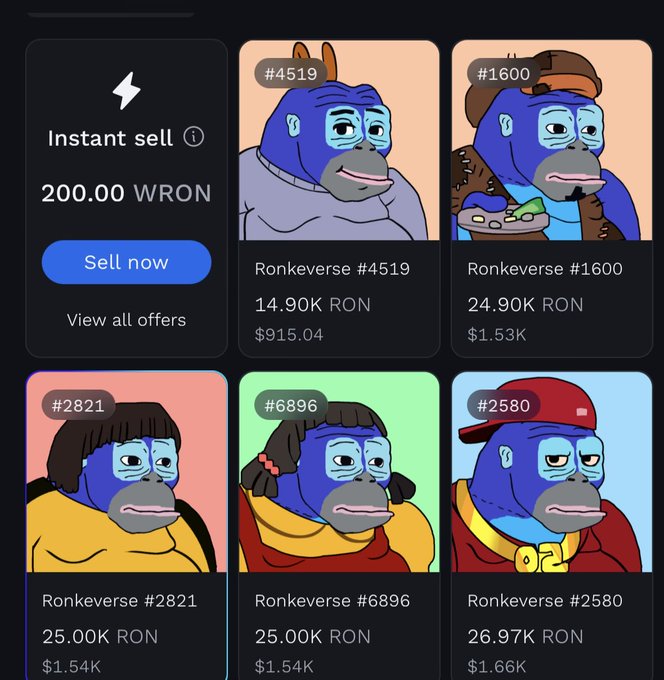 An NFT marketplace interface showing Ronkeverse blue ape NFT cards with prices listed in RON and USD, along with an 'Instant sell 200.00 WRON' option and 'Sell now' button.
