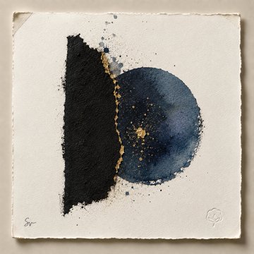 A mixed-media artwork featuring a deep black textured shape alongside a circular blue form dotted with gold, displayed on deckled-edge paper with "Sat" inscribed at the bottom left, visually representing one of the abstract pieces from the Traces of Matter collection.