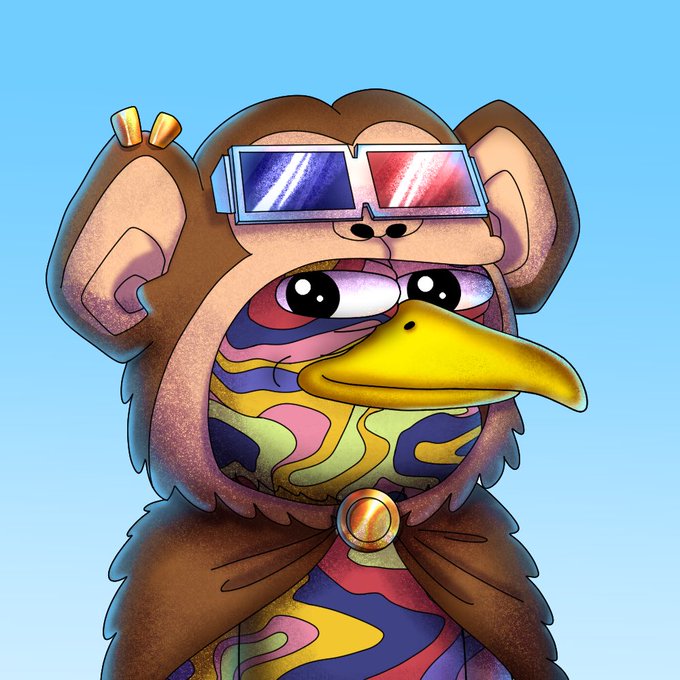 A colorful cartoon monkey wearing shutter shades, a wizard hat, and a cape, featuring a psychedelic tie-dye pattern—fitting the upbeat "gm" (good morning) greeting as a fun, expressive crypto/Web3-inspired mascot.